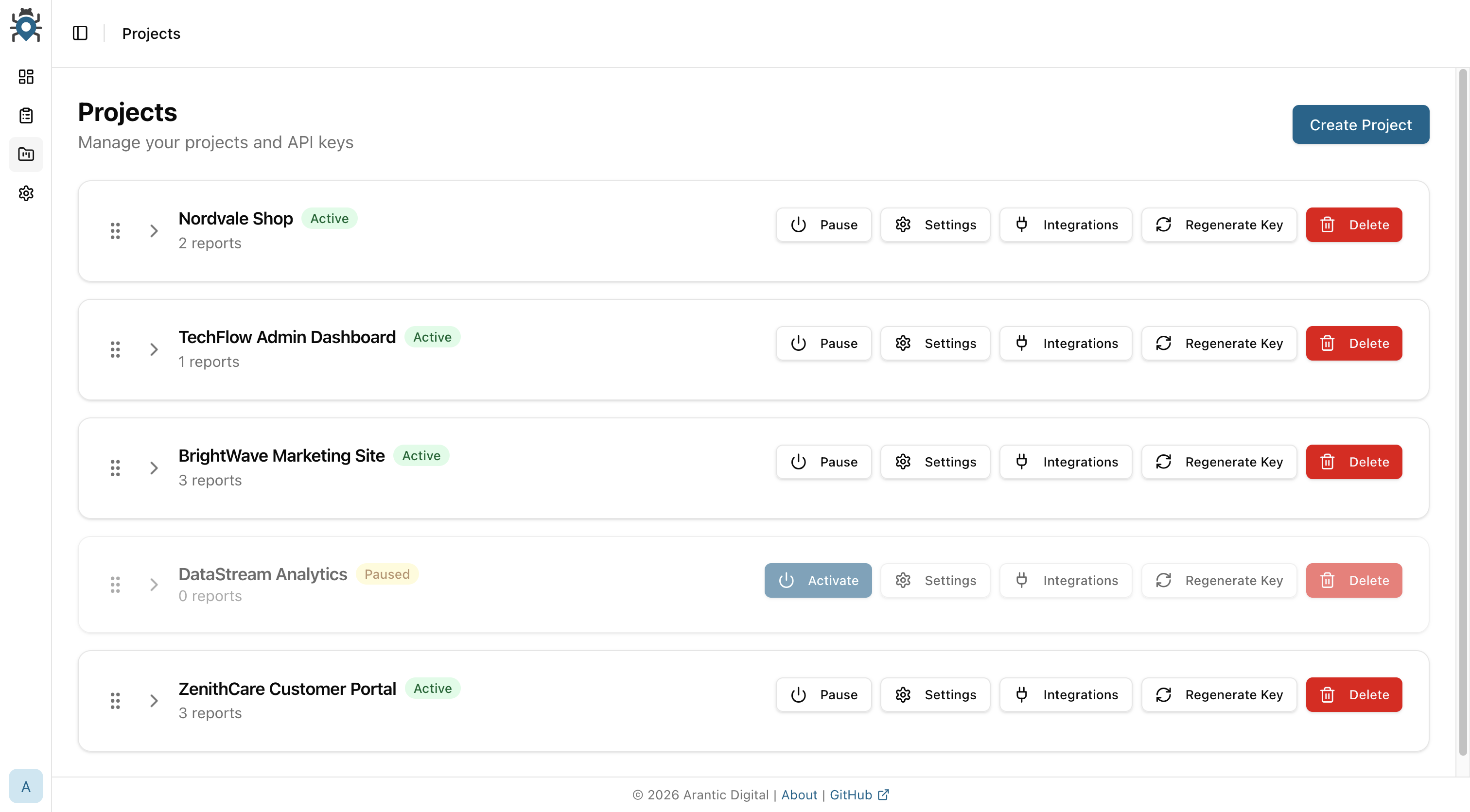 BugPin multi-project management interface