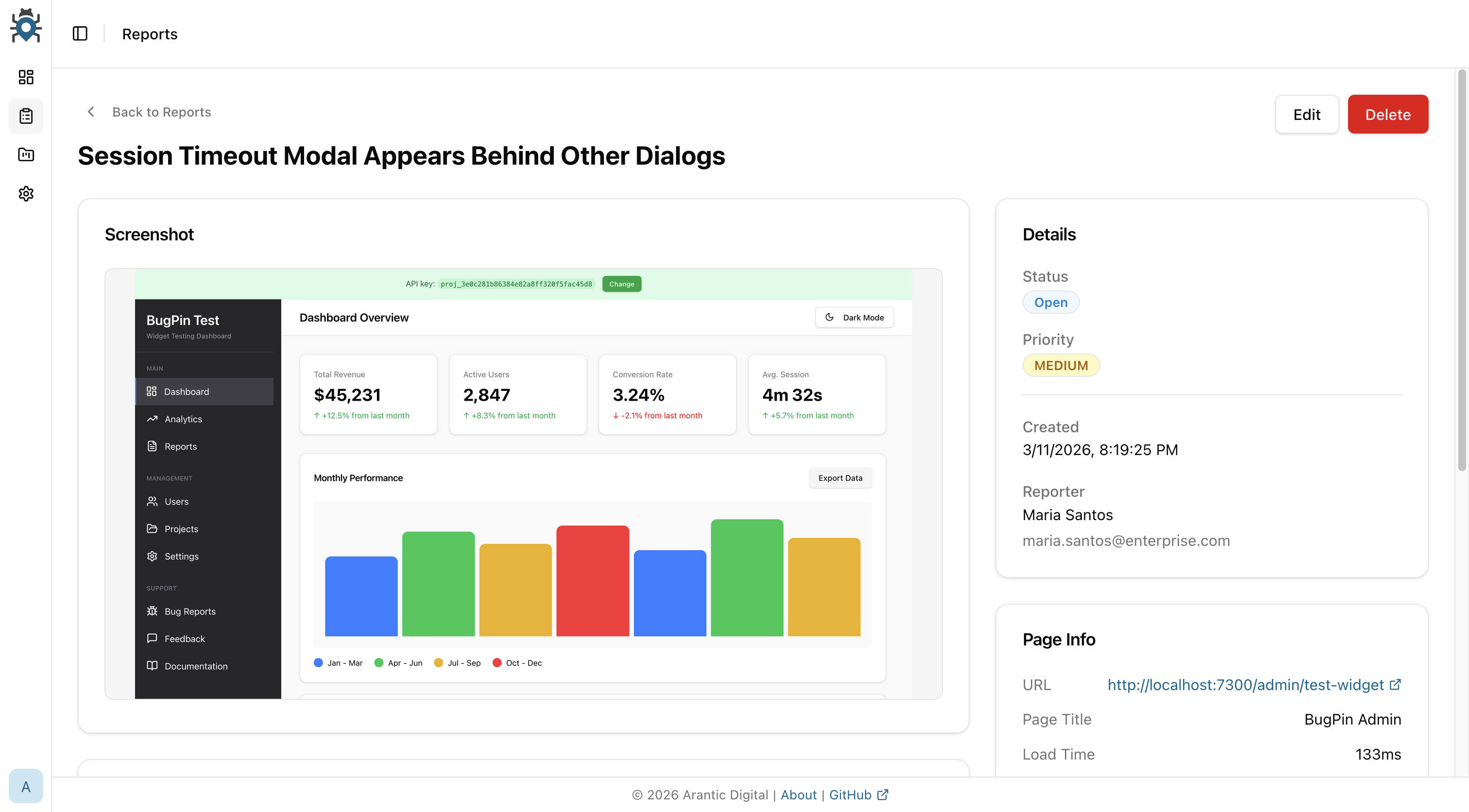 BugPin report details showing console errors, network requests, and user activity