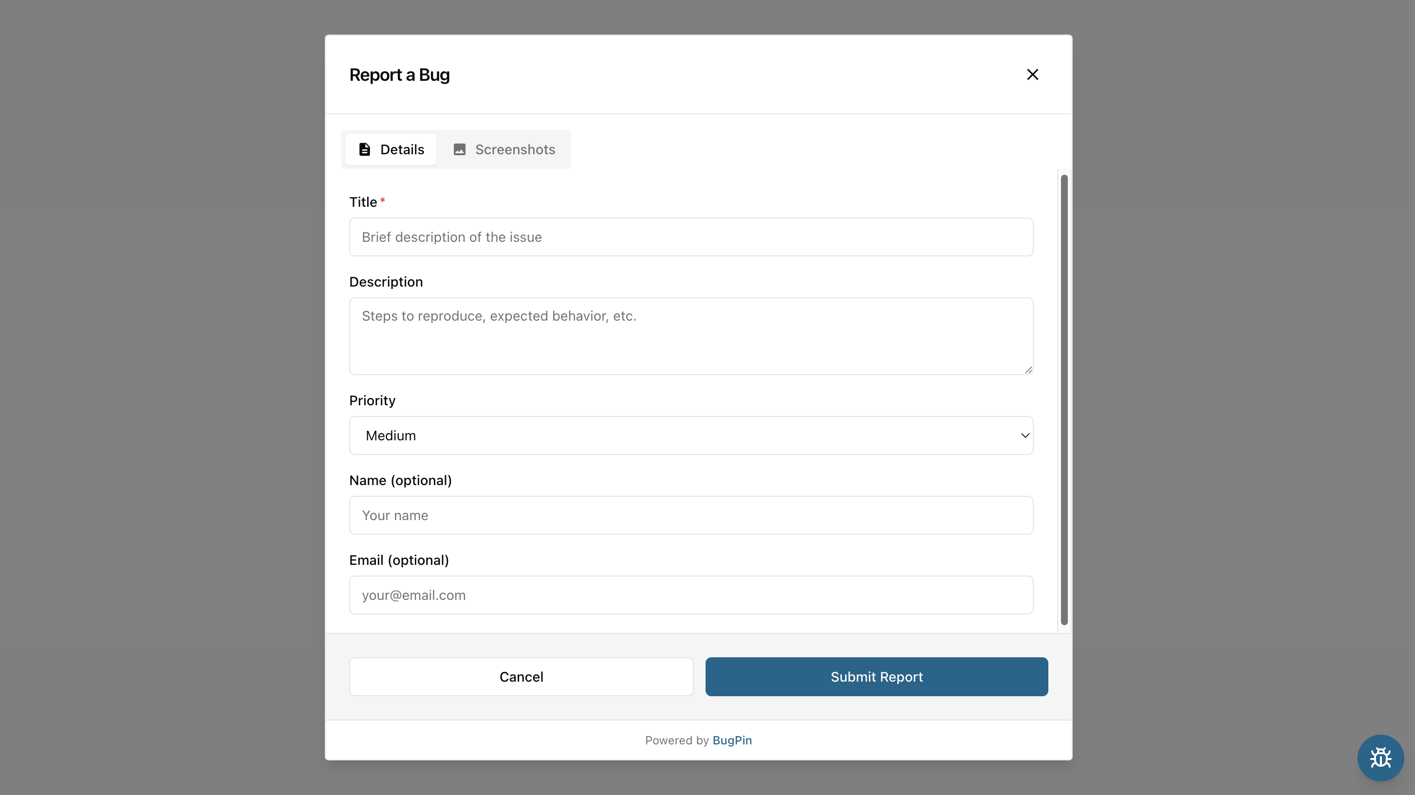 BugPin widget dialog for submitting bug reports